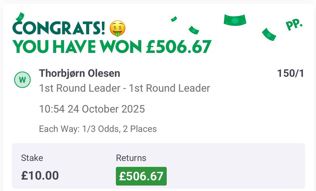 BetsRobin's tweet photo. 💰💰💰💰💰💰💰💰💰💰💰in the 🏦 Love it when the bookies get it wrong and I’m able to profit handsomely from it 💥
#GamblingX #GamblingCommunity #freetipster #sportsbettingpicks #BettingCommunity #PGATour #GambleAware https://t.co/WZ97ORehuR
