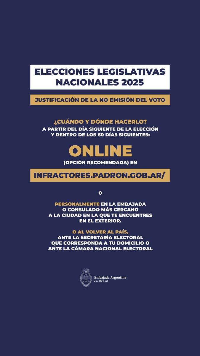 "Si este domingo se encuentra fuera del país y no puede emitir su voto, dispone de 60 días para justificar su ausencia. Se recomienda hacerlo de forma online en infractores.padron.gob.ar"