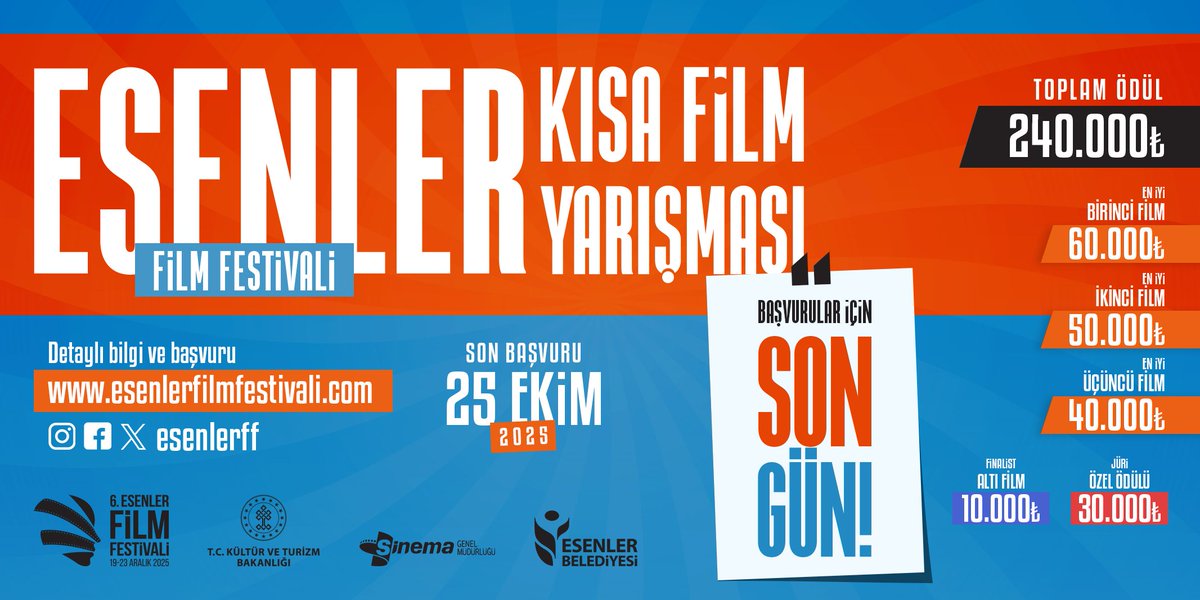 🌟 Toplam 240 bin TL ödüllü Esenler Film Festivali Kısa Film Yarışması başvuruları bugün sona eriyor!

Kurmaca, belgesel, animasyon ve deneysel türlerde başvuru yapılabilen kısa film yarışmasına bugün saat 23.59'a kadar başvuru yapabilirsiniz.

🏆 Bu yılın ödülleri:

🥇 En İyi