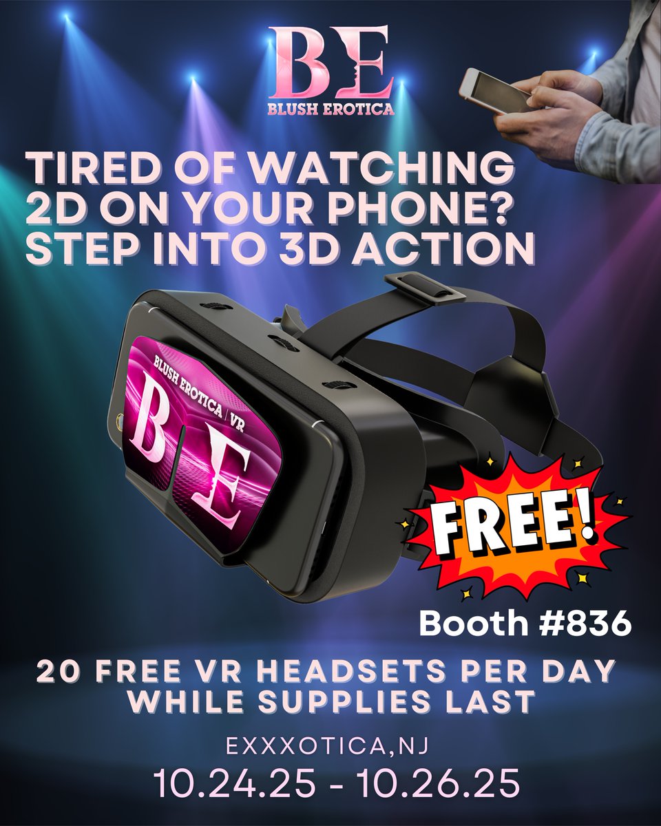 🎁 Giveaway time! The first 20 visitors to Booth #836 at @Exxxotica tonight will get a FREE Blush Erotica VR headset 💕
Doors open at 5 PM — see you there! ✨