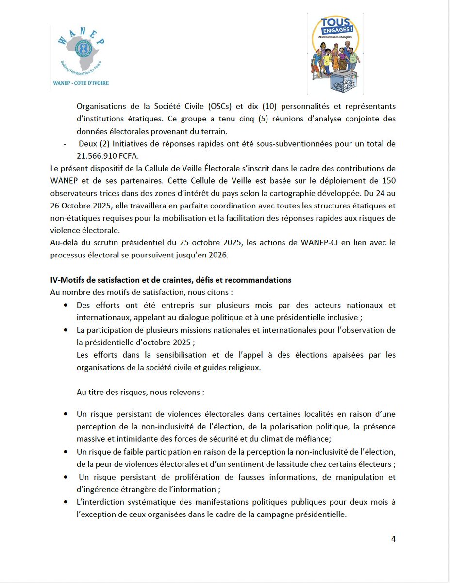 1/2 🗳️ On the eve of Côte d’Ivoire’s presidential election, WANEP has released its first statement from the #ESR.
The declaration (in French) outlines key observations, risks, and recommendations for a peaceful and credible process.
📄 Read below ⬇️
#ElectionsSansGbangban #EMAM