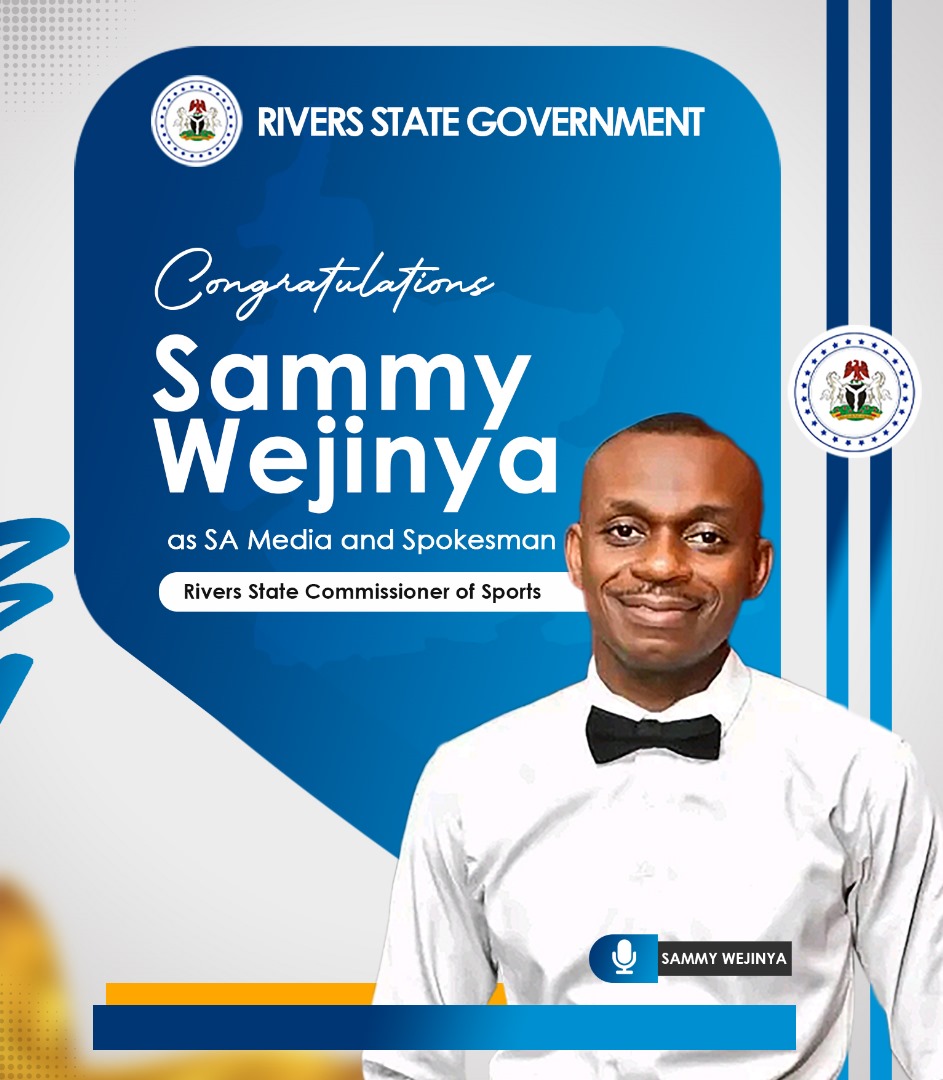 OgaSammyWejinya's tweet photo. I've just been appointed as Senior Special Assistant (Media)/Spokesman of the Rivers State Commissioner of Sports, Barr. Chris Green

I've also been appointed by the Hon. Commissioner to serve as Group Head/Media of all major Sports flagships in Rivers State, namely..

Rivers United 
Rivers Angels
Rivers Hoopers and
The Real Madrid Academy 

I want to, first and foremost thank the Almighty God for this

I also want to thank the Hon. Sports Commissioner, Barr. Chris Green, who has moved from being a Boss to a Father to me

I do not take these appointments for granted and will give 100% in the service of my State

God bless Rivers State
God bless the Federal Republic of Nigeria