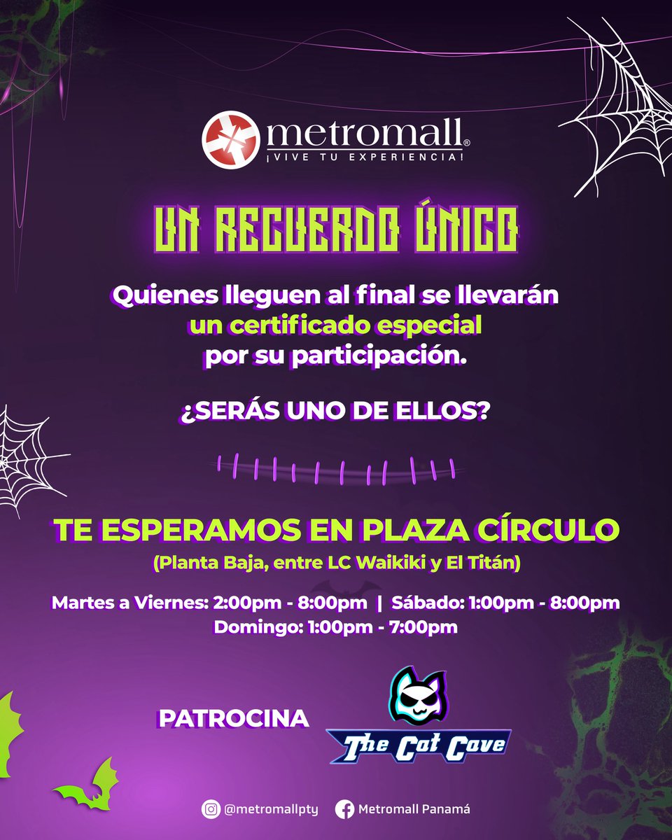 🎃 ¡Llegó la experiencia más divertida y aterradora del año a Metromall!
Regístrate GRATIS y sé parte de esta experiencia única.
🕐 Martes a viernes: 2:00 p.m. – 8:00 p.m.
Sábado: 1:00 p.m. – 8:00 p.m.
Domingo: 1:00 p.m. – 7:00 p.m.

Patrocina: @thecatcavegaming 

#MetromallPTY