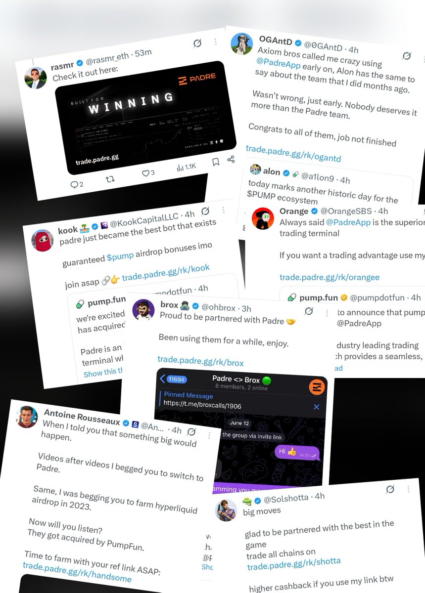 AmirOrmu's tweet photo. People lost MILLIONS on $PADRE just a few hours ago because of Pump[.]Fun acquisition and 'KOLs' are already MAX SHILLING their Padre REF LINK all over the CT.

None of these 'KOLs' are talking about the holders' loss and how PumpFun f*cked them over.

CRYPTO ISN'T A SERIOUS INDUSTRY MAN. F