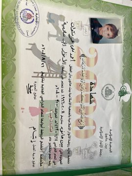 First image shows a young boy with short brown hair wearing a dark green corduroy collar shirt over a light purple top in a passport-style photo against a light blue background with a metal pin clip at the top. Second image displays an official green-bordered certificate featuring the same boys photo in the corner Arabic text seals and stamps including a building emblem and crescent symbol indicating a kindergarten award or completion document.