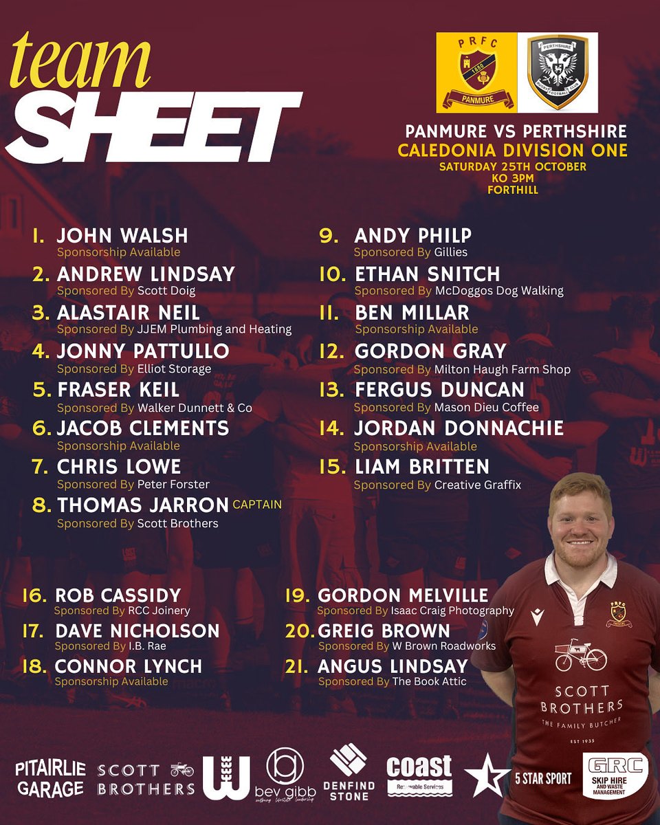 🏉 Panmure team to play Perthshire at Forthill tomorrow. 

The bar will be open from 12pm-late showing live sport on the TV’s all day 📺🍺☕️

All spectators welcome at Forthill, always a great way to spend your Saturday!

#PlayUpPanmure