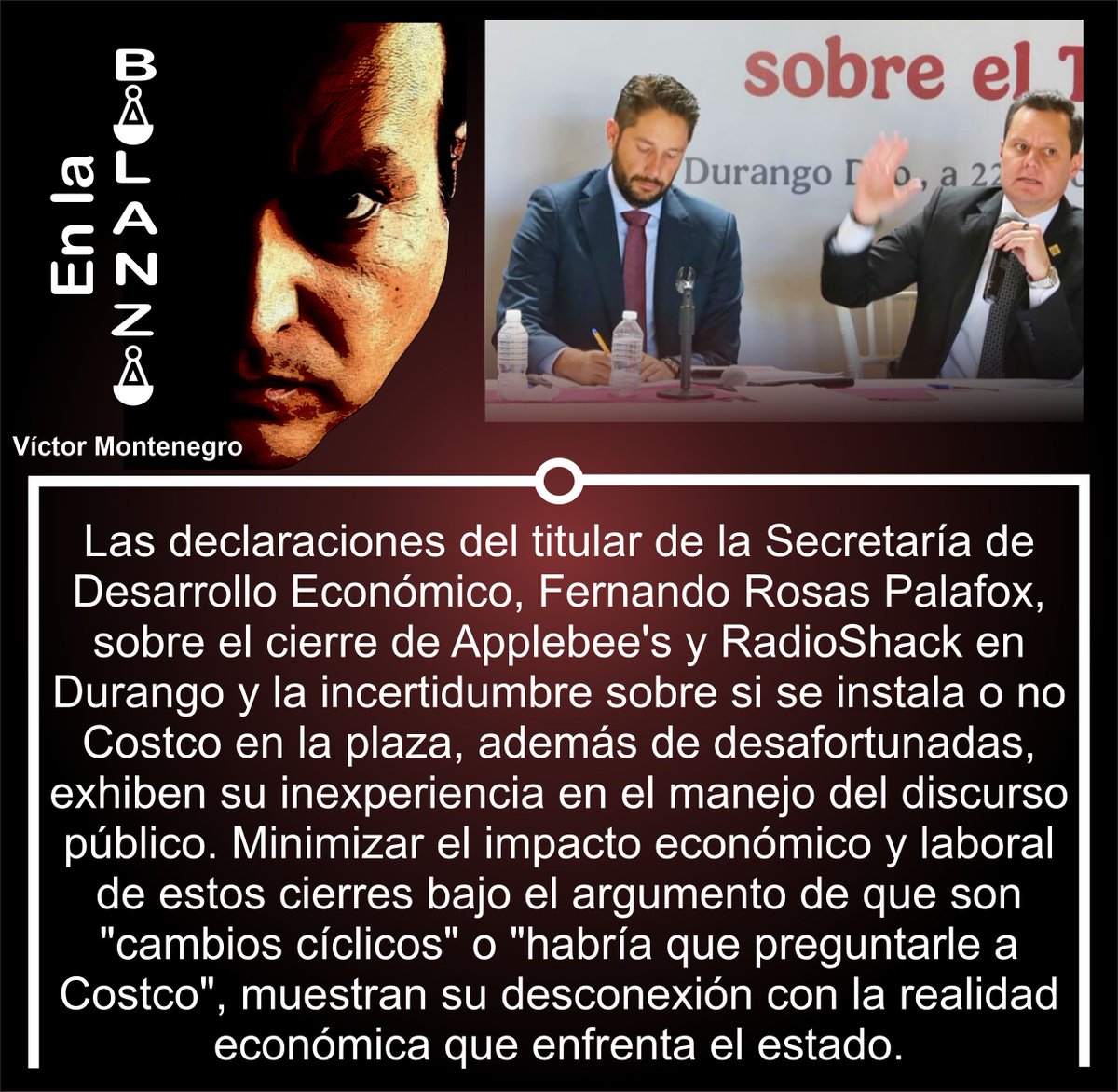 Vic_Montenegro's tweet image. Tan penco el pinto... En vez de ofrecer una lectura técnica o dar estrategia que fortalezca la competitividad, Fernando Rosas opta por evasiva retórica. Empobrece el debate público y traiciona la confianza ciudadana. Del otro, después diremos... #EnLaBalanza #Contrapesos #Durango