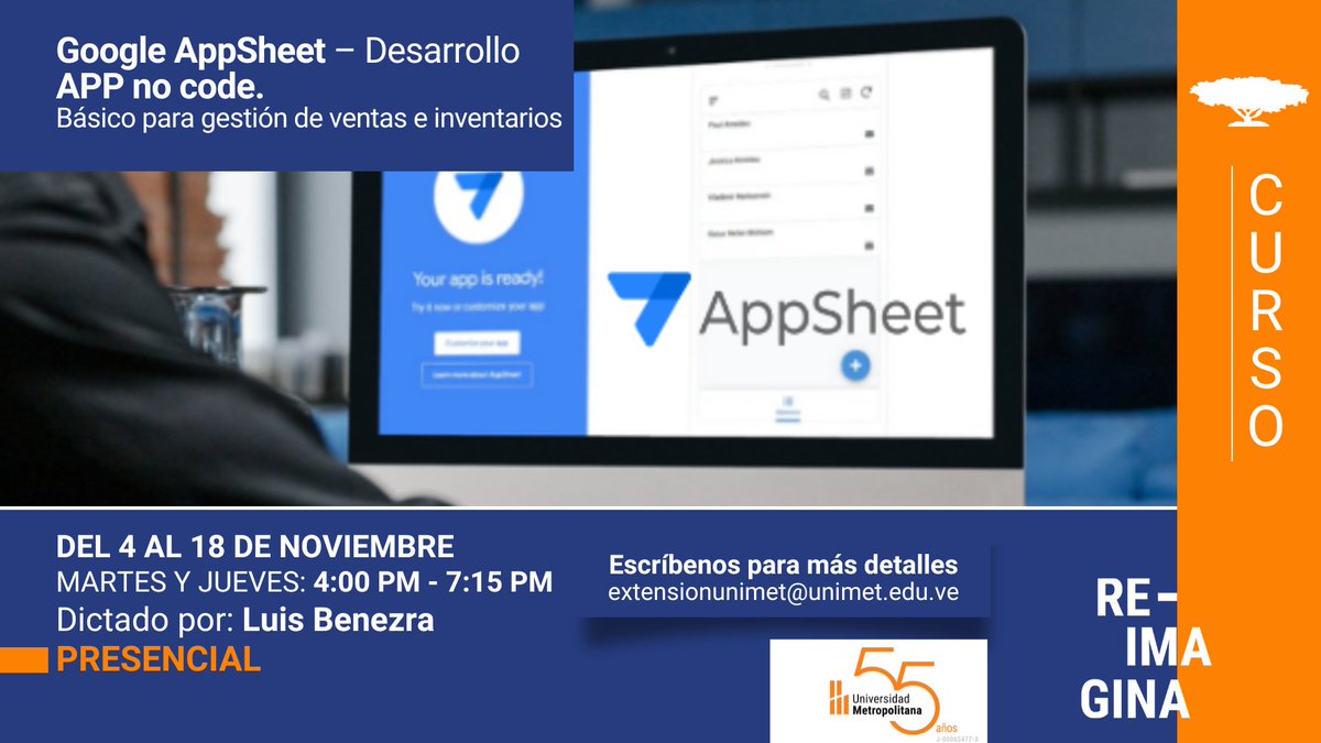 Unimet's tweet image. 🚀 ¿Eres emprendedor o parte de una empresa? Con AppSheet diseña apps funcionales en pocos pasos:
✔️ Sin código
✔️ 100% personalizables
✔️ Gestión de datos, roles y flujos
🔧 ¡Todo desde Google Sheets o Excel!
¡Inscríbete!: bit.ly/curso_google-a… 
#AppSheet #CursosUnimet