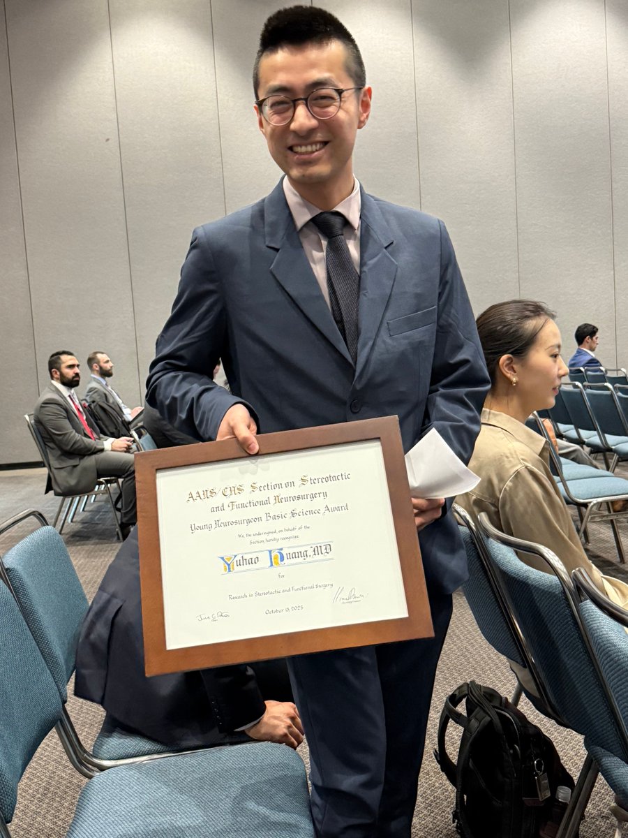 Chief resident <a href="/YuhaoHuangMD/">Danny Huang, MD</a> was awarded the Stereotactic and Functional Neurosurgery Resident Basic Science Award for his abstract "Invasive Network Mapping Enables
Personalized Multi-nodal Deep Brain Stimulation For Treatment-refractory Chronic Pain.” Congrats! <a href="/CNS_Update/">CNS</a>