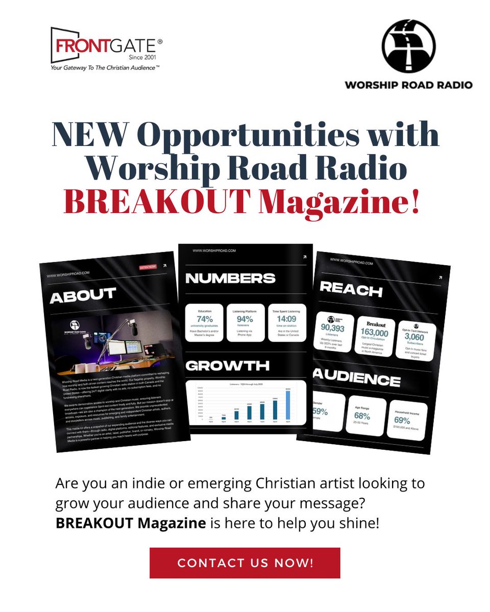🚨 NEW Opportunities with Worship Road Radio BREAKOUT Magazine! 

Are you an indie or emerging Christian artist looking to grow your audience and share your message? BREAKOUT Magazine is here to help you shine!

💡 As the only digital magazine exclusively for Christian indie