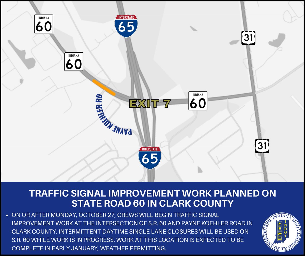 On/after Mon, 10/27, crews will begin traffic signal improvement work at S.R. 60 and Payne Koehler Rd in Clark Co. Intermittent daytime single lane closures will be used during work. Work at this location is expected to be complete in early January.

More: bit.ly/4qldXJb