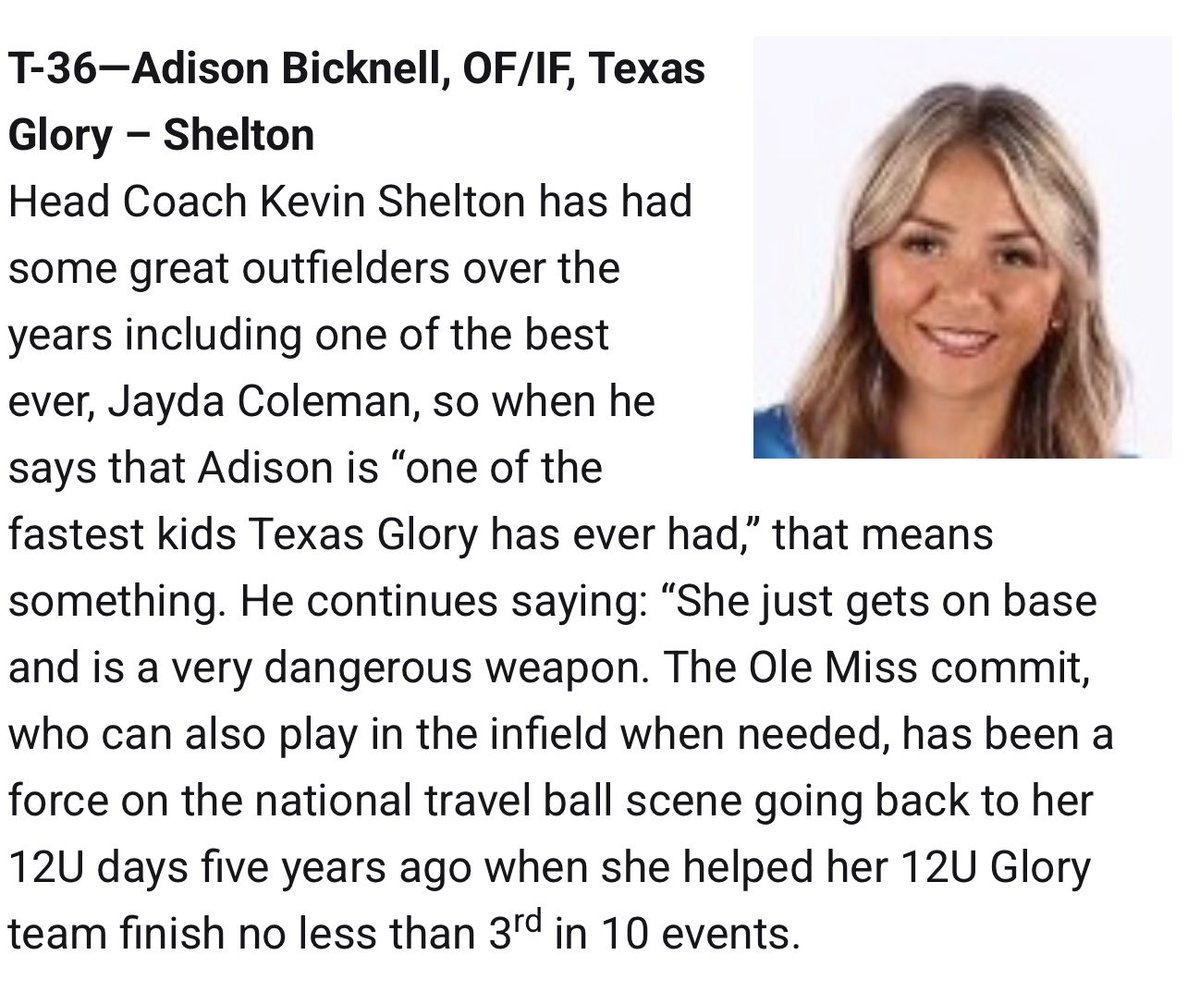 Adison Bicknell #18 “Adi B” (@adison_bicknell) on Twitter photo Thank you <a href="/LineDsoftball/">Line Drive Media</a> blessed to represent <a href="/TexasGlory/">Texas Glory</a> & <a href="/OleMissSoftball/">Ole Miss Softball</a> 
#GodSpeed #Committed <a href="/CoachBBuchanan/">Bobby Buchanan</a> Thank you <a href="/LineDsoftball/">Line Drive Media</a> blessed to represent <a href="/TexasGlory/">Texas Glory</a> & <a href="/OleMissSoftball/">Ole Miss Softball</a> 
#GodSpeed #Committed <a href="/CoachBBuchanan/">Bobby Buchanan</a>