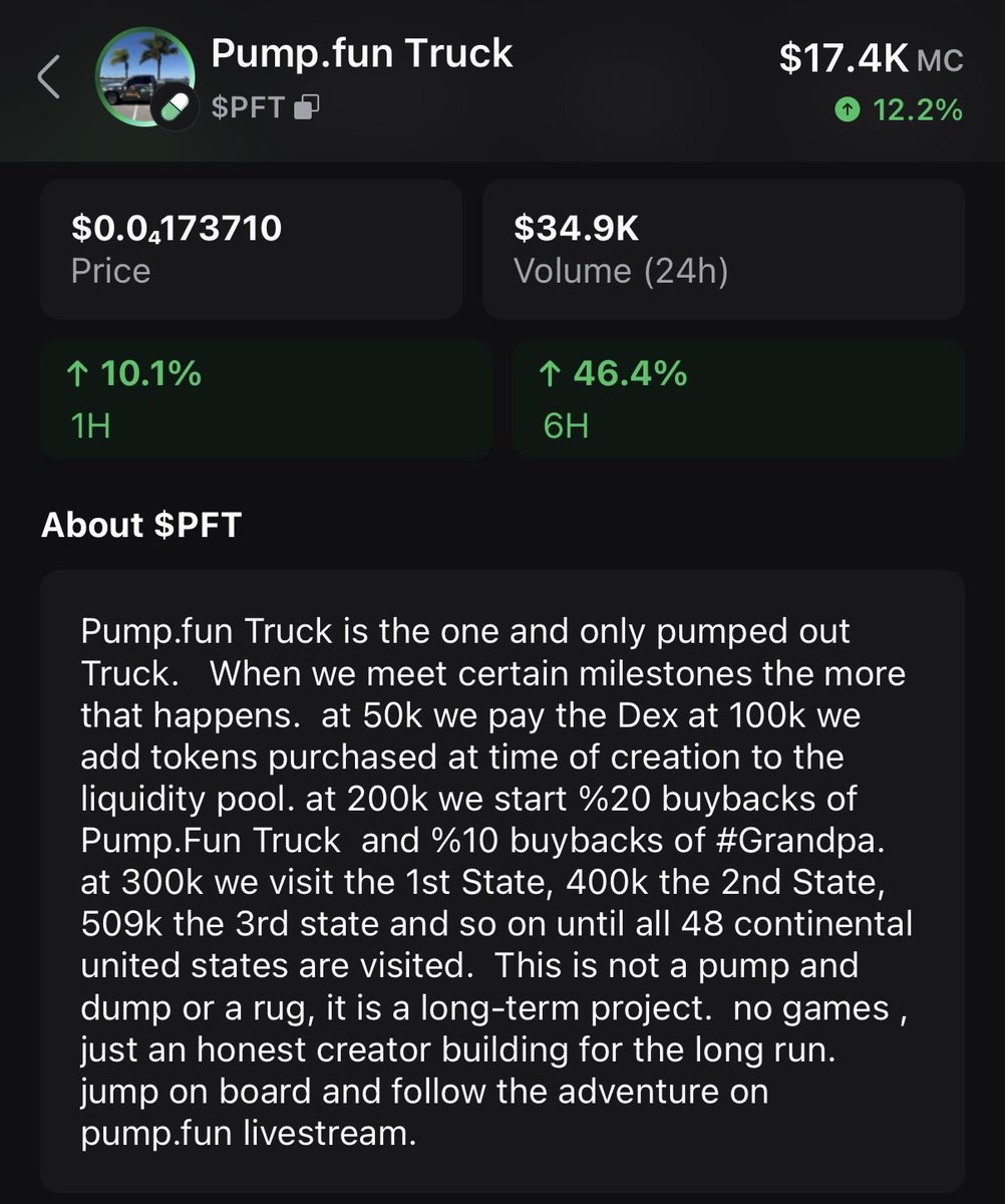 Still very bullish on <a href="/truck65461/">Pump Fun Truck</a>, slow at first then eyes will catch on and this will run hard, 130,000,000 tokens locked for 30 days then plans to put into liquidity after. Has incentives and plans to help move the MC as well, old Chad putting retail on to pumpfun NFA DYOR