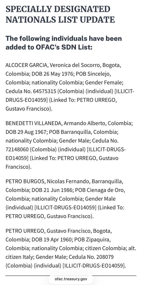 eixopolitico's tweet image. 🇺🇸 URGENTE: Estados Unidos sancionam o presidente da Colômbia, Gustavo Petro, e sua família com base na Lei Magnitsky.
A norma, apelidada de “pena de morte financeira”, é usada para punir estrangeiros acusados de corrupção ou violações graves de direitos humanos.