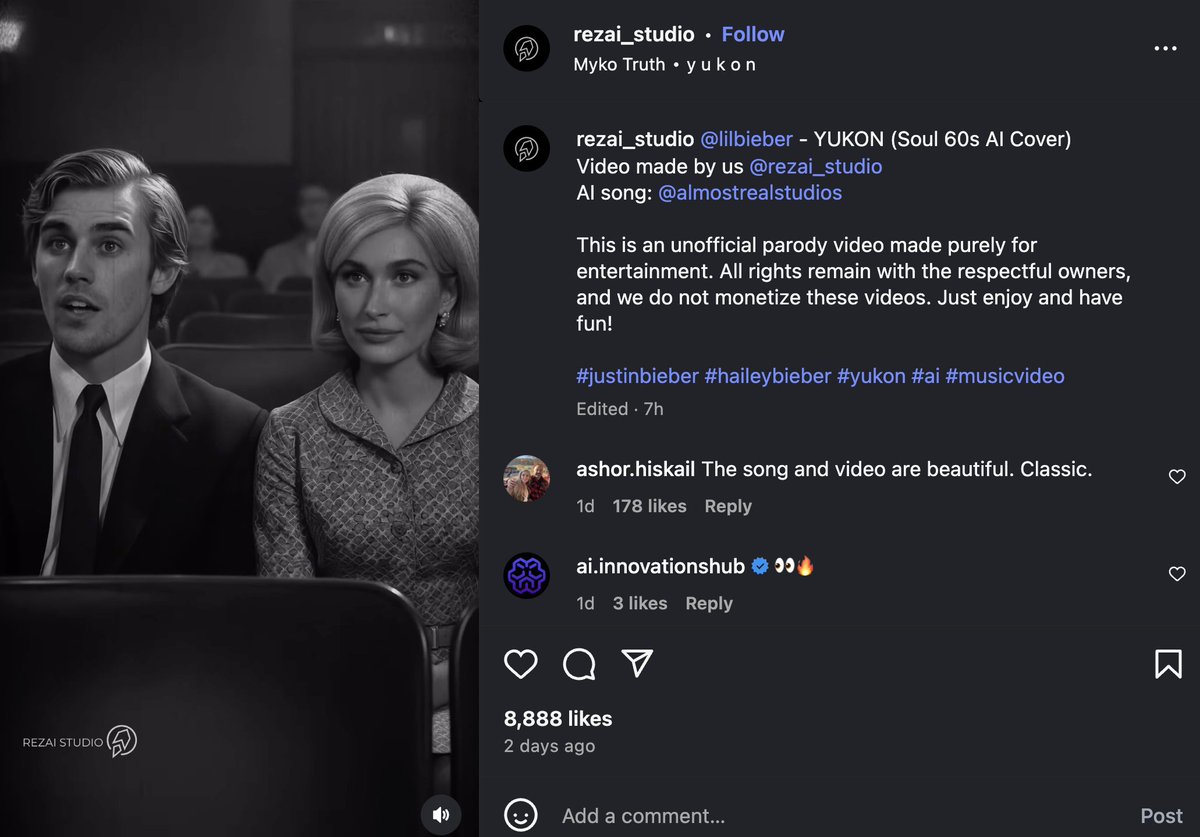 swayducky's tweet image. Found the original posts by @NextGenads_AI (aka rezAI Studio)

Umbrella:
- 104,571 likes: instagram.com/p/DP4O7igDF4-/

Yukon:
- 12 likes: youtube.com/shorts/olGixdj…
- 8,888 likes: instagram.com/p/DQHZXHzjOmg/

So @NextGenads_AI actually used AI music created by @realalmostreal  — who had a…