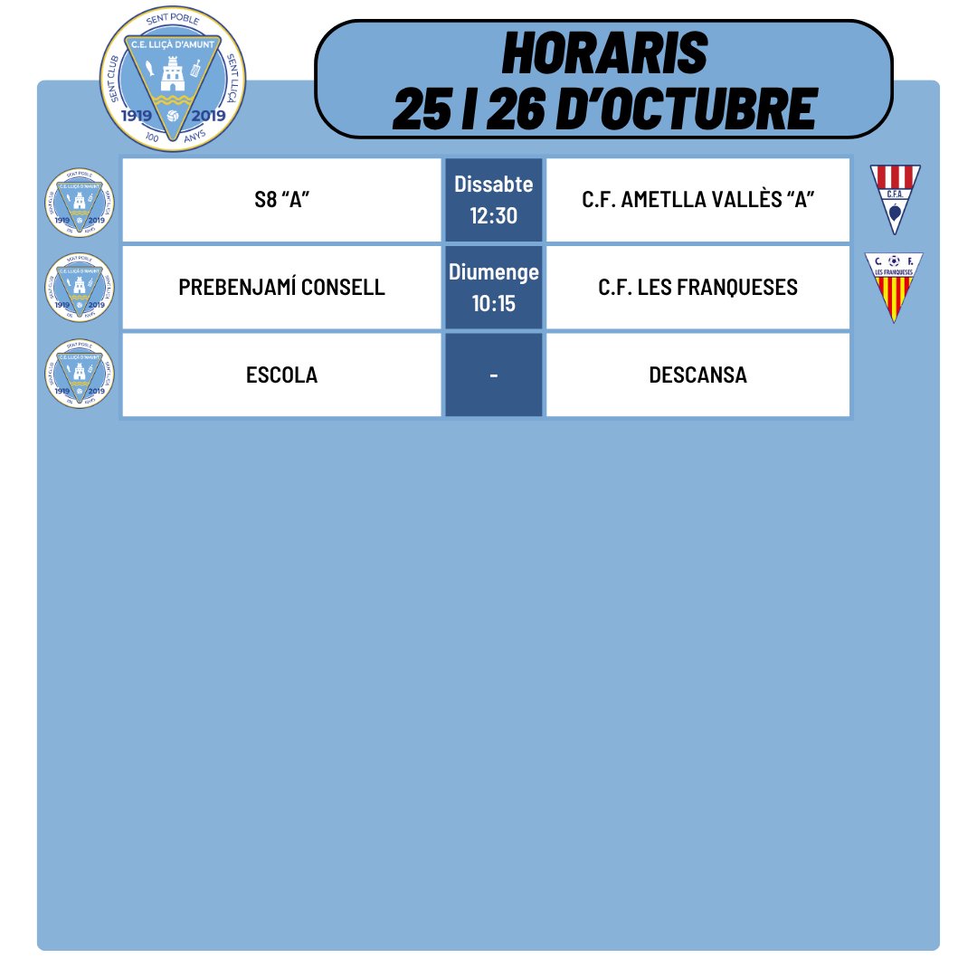 Horaris dels partits d'aquest cap de setmana!

#somlliçà🔵⚪