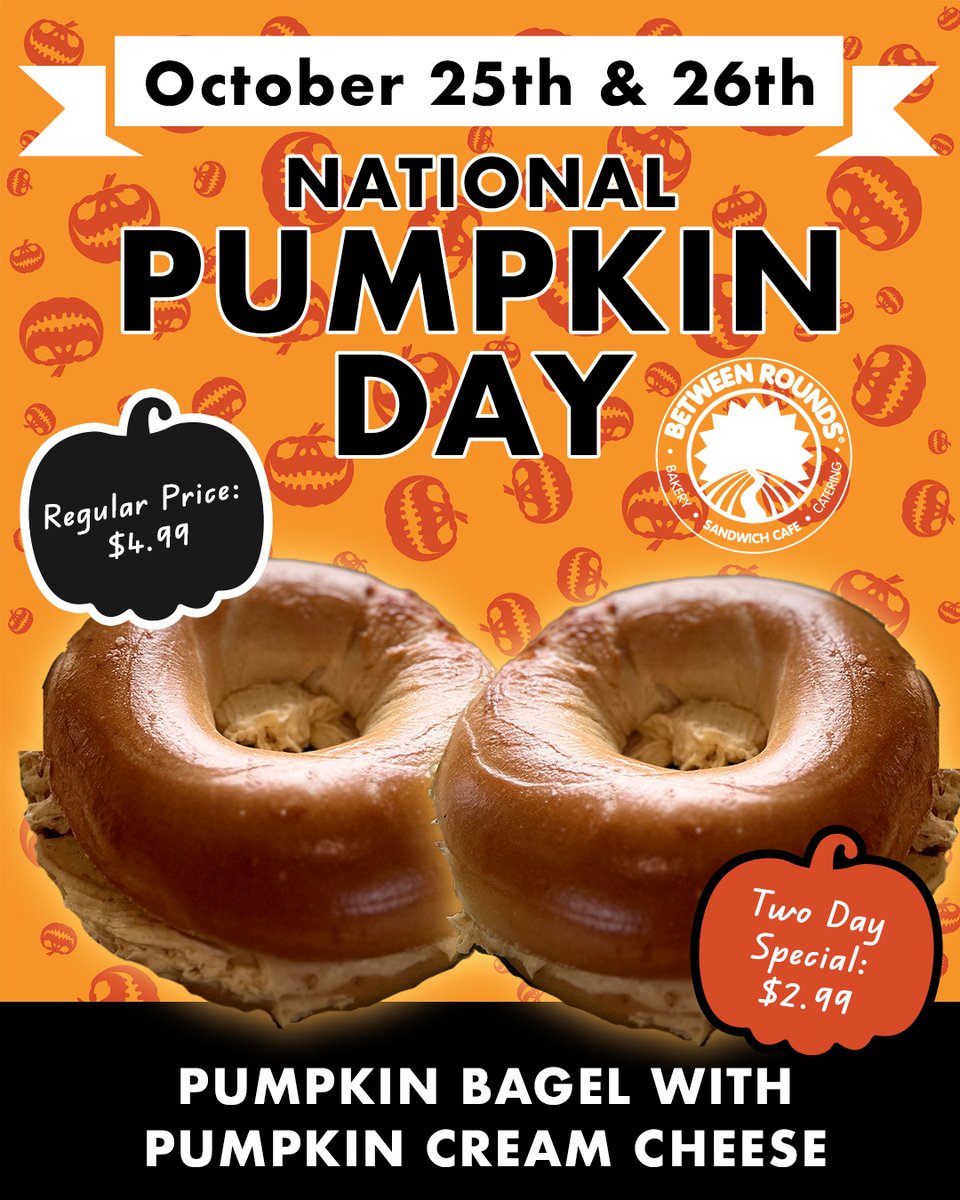 BetweenRoundsUS's tweet image. National Pumpkin Day is October 26th and we're celebrating it all weekend long! Enjoy a Pumpkin Bagel with Pumpkin Cream Cheese for just $2.99!  Offer valid 10/25-26.