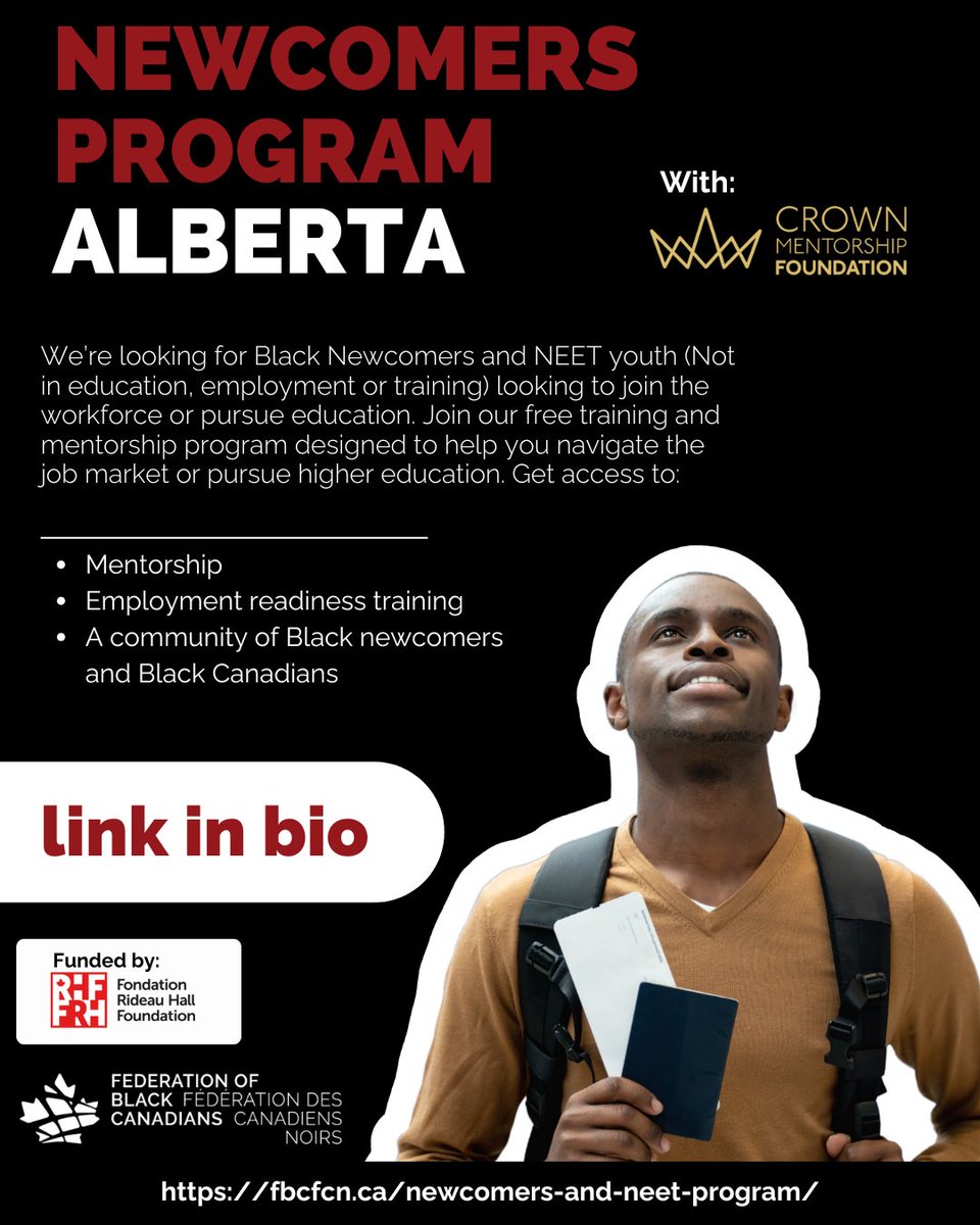 Calling all Black youth in Alberta! The Newcomers Program, led by The Crown Mentorship Foundation, is here to help you take the next step in your journey.

Learn more and apply now: zurl.co/NpOjS

#BlackYouthCanada #NewcomersProgram