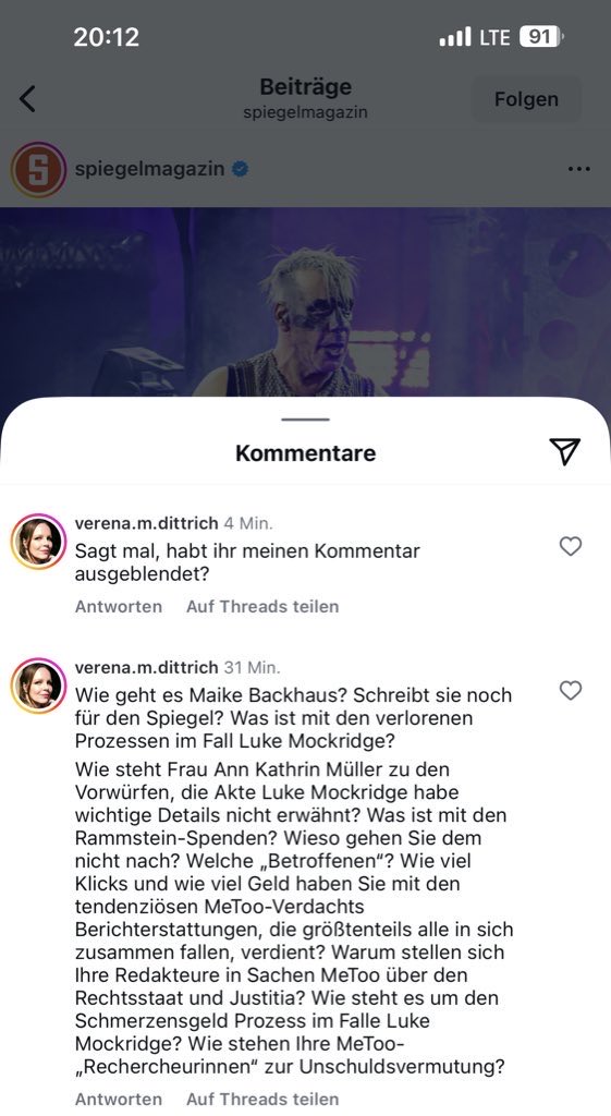 <a href="/derspiegel/">DER SPIEGEL</a> Hallo, <a href="/derspiegel/">DER SPIEGEL</a>! Warum habt ihr meinen Kommentar auf Instagram eingeschränkt? Ich habe euch lediglich kritische Fragen gestellt. Ich habe niemanden beleidigt.