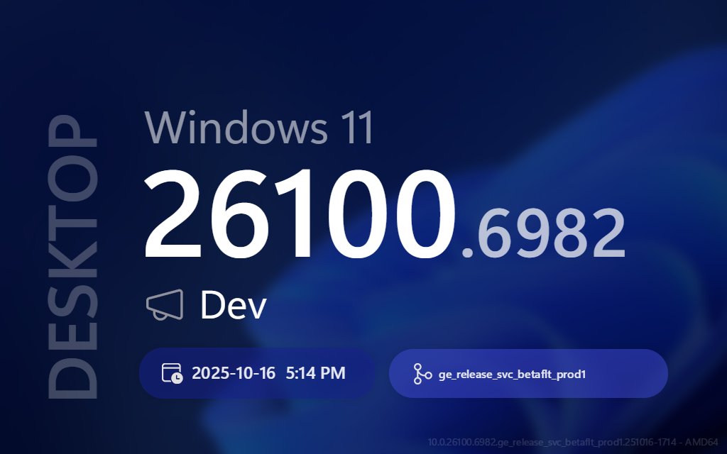 ProtoBuildBot's tweet image. 🔄 🖥  New DESKTOP update! 💍 Dev (AMD64)

➡️ Title:
Windows 11 Insider Preview Feature Update (26220.6982)

📣 Build Lab Extended:
10.0.26100.6982 (ge_release_svc_betaflt_prod1.251016-1714)