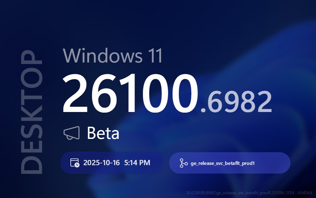 ProtoBuildBot's tweet image. 🔄 🖥  New DESKTOP update! 💍 Beta (AMD64)

➡️ Title:
Windows 11 Insider Preview Feature Update (26120.6982)

📣 Build Lab Extended:
10.0.26100.6982 (ge_release_svc_betaflt_prod1.251016-1714)