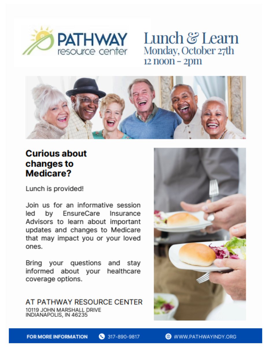 pathwayindy's tweet photo. Join us for a Lunch &amp; Learn on Oct 27, 12-2 PM! Our partners at EnsureCare will share Medicare updates &amp; answer your questions. 

📍 Pathway Resource Center, 10119 John Marshall Drive, Indianapolis, IN 46235

#PathwayResourceCenter #LunchAndLearn #CommunitySupport #PathwayIndy https://t.co/5gRdQibcXF