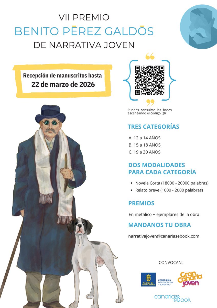 ¿Sueñas con ver tu libro publicado? ✍️💫

El concurso VII Premio “Benito Pérez Galdós” de Narrativa Joven está abierto y ya puedes participar si cumples estos requisitos 👇
1️⃣ Resides en Gran Canaria 
2️⃣ Tienes entre 12 y 30 años 
3️⃣ Te apasiona la escritura 

🏆 Si eres el