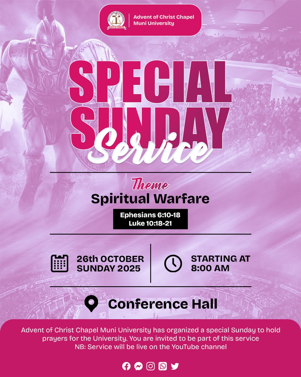 AdventMuni's tweet photo. ⚔️ Special Sunday Service Alert!
Join us this Sunday, 26th October 2025, for a powerful service themed “Spiritual Warfare” (Ephesians 6:10–18, Luke 10:18–21).
Come and stand firm in faith as we pray for our University and experience God’s move! 🙏 https://t.co/4C7Lktei3N