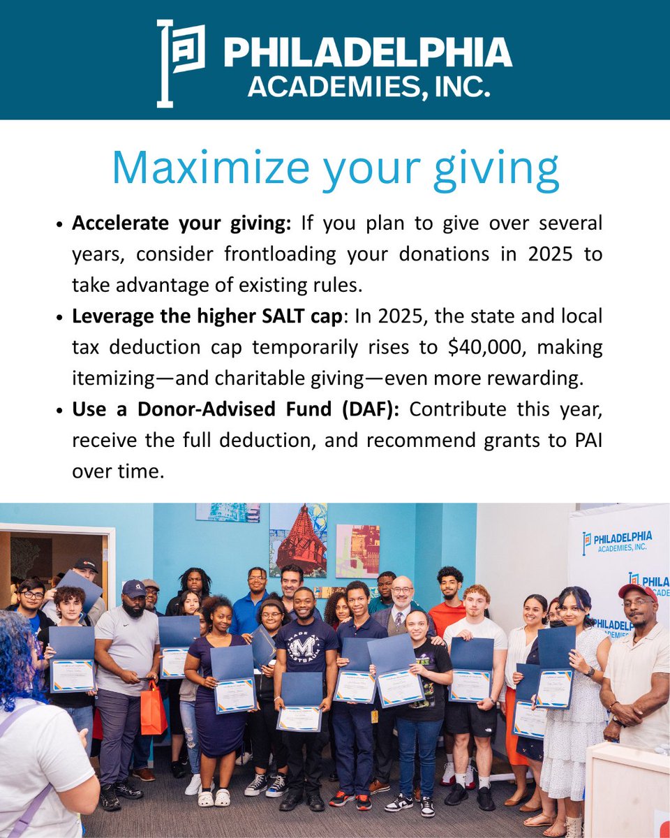 AcademiesInc's tweet image. Tax changes are coming in 2026, making 2025 a unique opportunity to maximize the impact of your giving!
Support our students and schools today by making a gift at academiesinc.org/donate.
#academiesinc #education #workforcedevelopment #charity #nonprofit #philadelphia