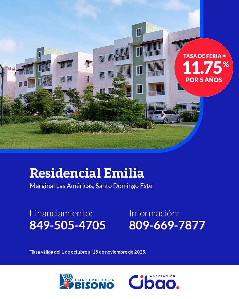 ¡Tu nuevo comienzo está más cerca de lo que imaginas! 🏡✨
 
Haz realidad el sueño de tener tu propio apartamento en el Residencial Emilia, ubicado en la Marginal Las Américas, Santo Domingo Este.
 
Aprovecha nuestra tasa especial de feria de 11.75% fija por 5 años y da el paso