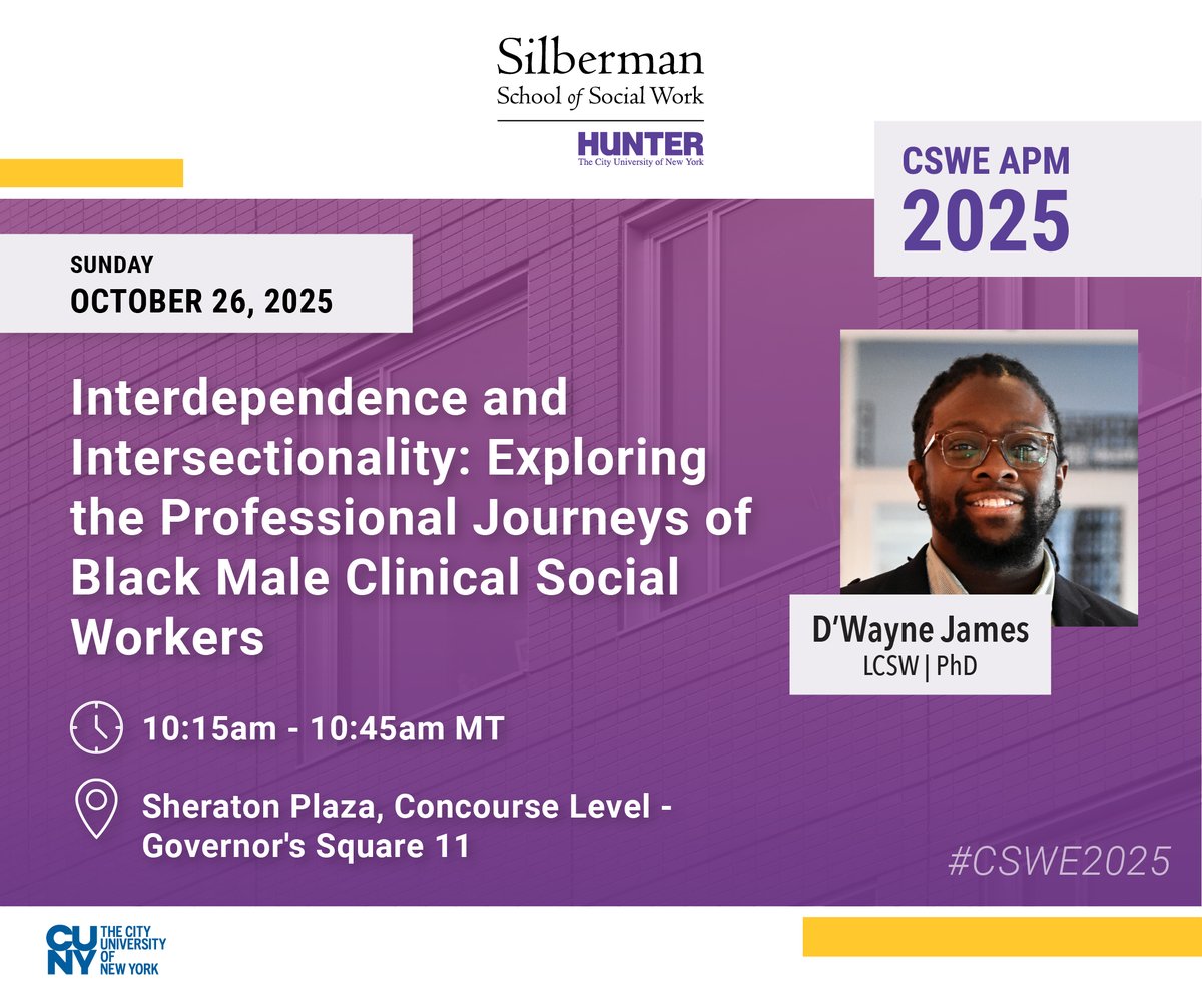 silbermanssw's tweet image. If you are at CSWE APM, join Assistant Professor D&apos;Wayne James in the Governor&apos;s Square 11 room at 10:15am MT for &quot;Interdependence and Intersectionality: Exploring the Professional Journeys of Black Male Clinical Social Workers.&quot; 

#cswe2024 #cswe24 #apm24 #apm2024 #csweapm