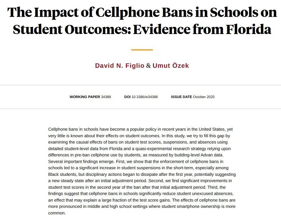 Examining the causal effects of cellphone bans in Florida on student test scores, suspensions, and absences, from David N. Figlio and <a href="/uozek/">Umut Ӧzek</a> nber.org/papers/w34388