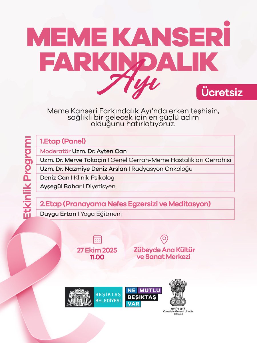 Meme Kanseri Farkındalık Ayı kapsamında, Hindistan Başkonsolosluğu iş birliğiyle düzenleyeceğimiz etkinlikte uzman hekimler, klinik psikolog, diyetisyen ve yoga eğitmeni eşliğinde bir araya geliyoruz. 🎀

Etkinliğimizin ilk bölümünde erken teşhisin ve kendimizin farkında olmanın