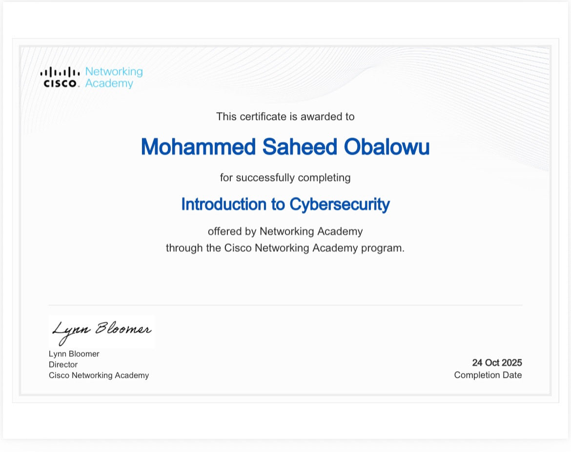 Day 5 ✅
Wrapped up the Introduction to Cybersecurity course by <a href="/CiscoNetAcad/">Networking Academy</a> 🎓
Learned about real-world cyber threats &amp; how data is protected. Big thanks to <a href="/THE_CYBRARIANS/">THE CYBRARIANS</a> for the support! On to the next cert 💻🔥
#Techjourney #CyberSecurity