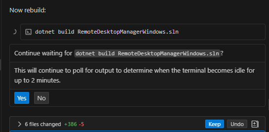 awakecoding's tweet image. Is there a way to configure GitHub Copilot in VSCode to automatically wait and poll for long-running commands that can take up to a few minutes? It's annoying to have to click "Yes" every time - I just want it to wait for the build to finish.