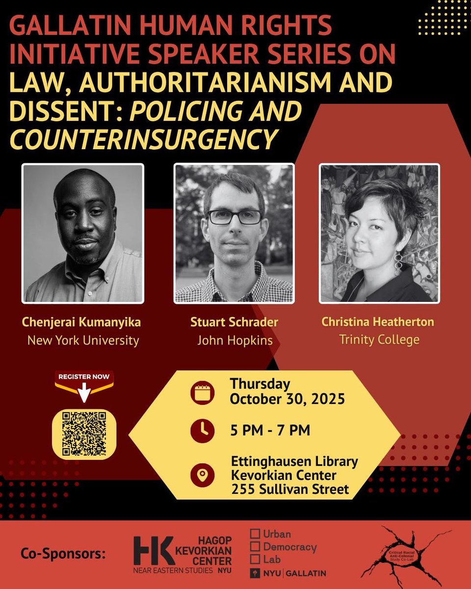 Very much looking forward to this event ft <a href="/catchatweetdown/">Chenjerai.bsky.social</a>, <a href="/stschrader1/">Stuart Schrader</a>, &amp; Christina Heatherton next Thursday at NYU Gallatin. Info &amp; RSVP here: as.nyu.edu/research-cente…