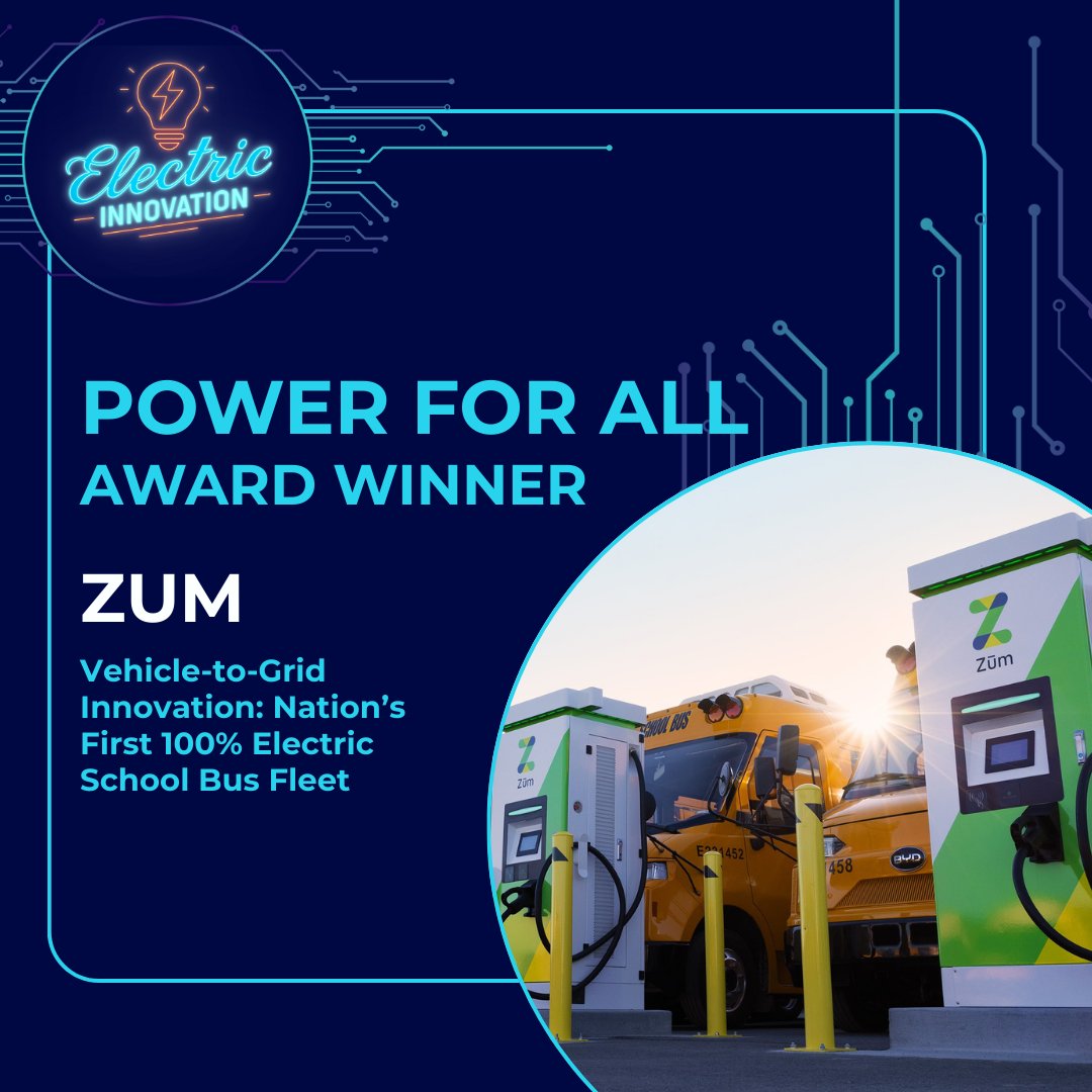 ElectricInno's tweet image. This week, we're excited to highlight our 4th #ElectricInnovationAwards winner, @ridezum! Their vehicle-to-grid project with @OUSDNews and @PGE4Me created the nation's 1st electric school bus fleet while also strengthening the grid and improving reliability.