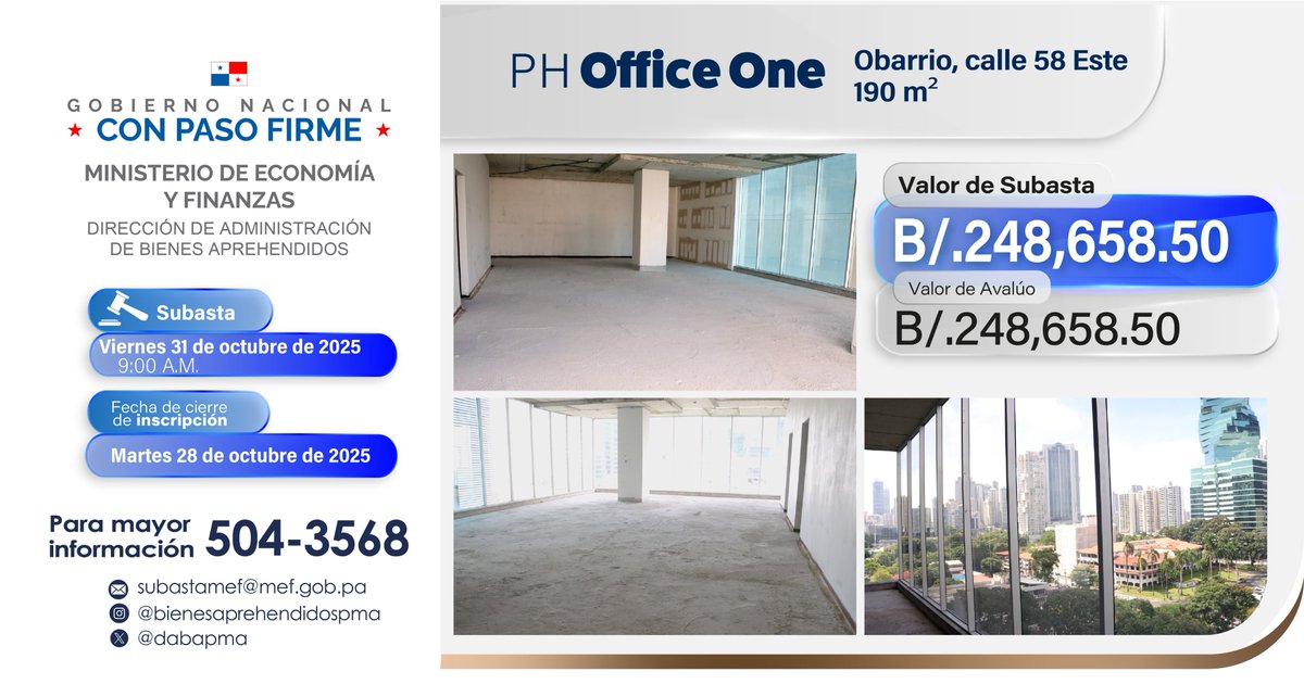 Subasta pública de una oficina de 190 m², ubicada en  PH Office One [Obarrio, calle 58 Este] 
🗓️Cierre de inscripción 28-octubre-2025 
🗓️Subasta 31-octubre-2025 
📄Requisitos en panamacompra.gob.pa
 Acto Público No. 2025-0-16-0-08-SB-020648  #ConPasoFirme #Subastas