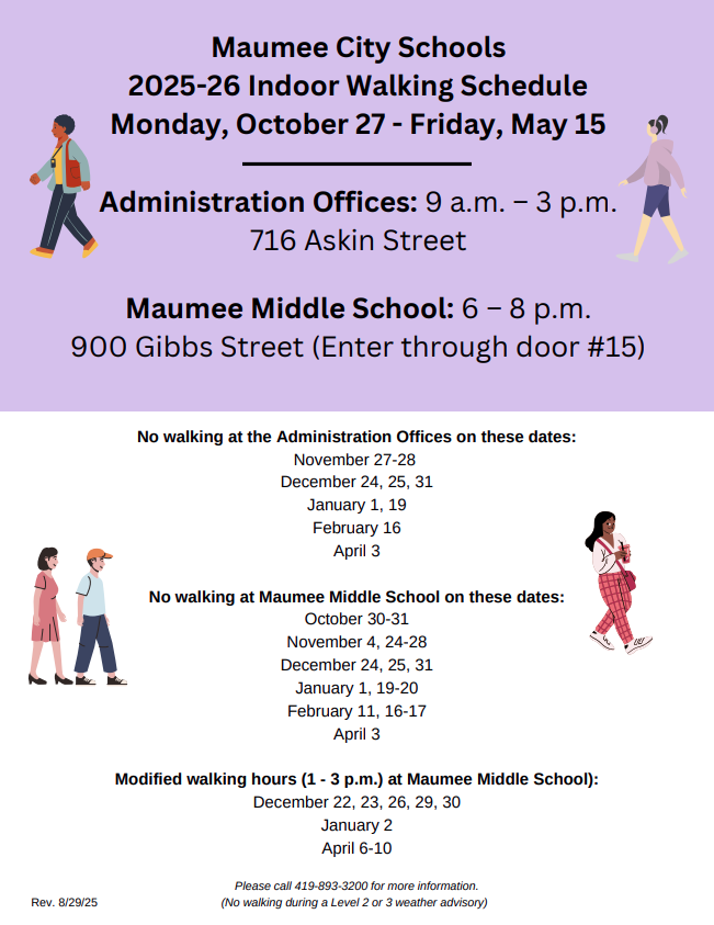 IT'S THAT TIME OF YEAR .... Indoor walking in two Maumee City Schools facilities is open to the Maumee community beginning on Monday, October 27. Details on the flyer below.
