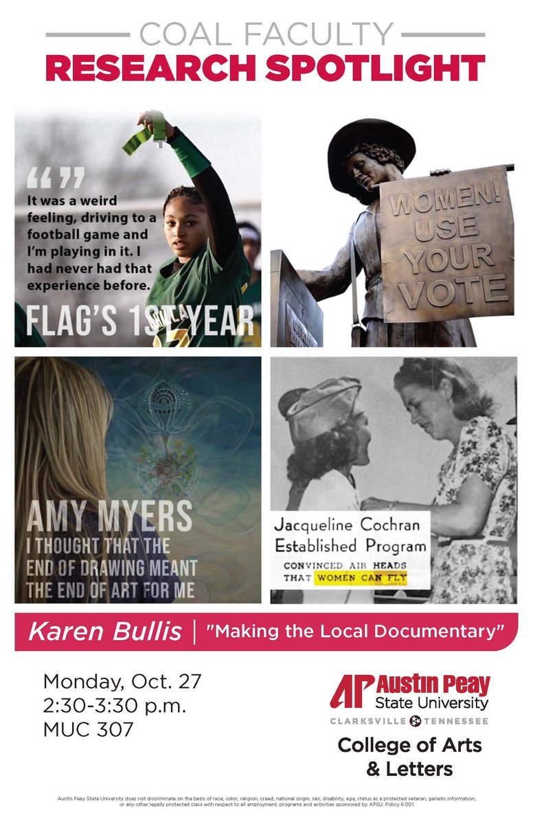 Mark your calendars! Join us Monday, October 27th as Prof. Karen Bullis presents “Making the Local Documentary” as part of the #APSU COAL Faculty Research Spotlight!
#apsucommdept #thisiswhatwedo #apsutv #apsutvclarksville #APSUCOAL