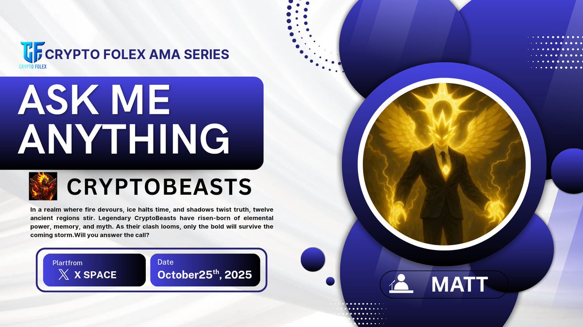 Don't miss the opportunity to join us for a #Xspace AMA with CryptoBeast.

🕰 25th October, 6PM UTC
💰 100$ USDT
🗣 MATT

🏛 Venue : x.com/i/spaces/1RDGl…

📌 Rules:
1️⃣ Follow : <a href="/TheBeastAwakens/">CryptoBeastofficial</a>
2️⃣ Like &amp; Retweet.