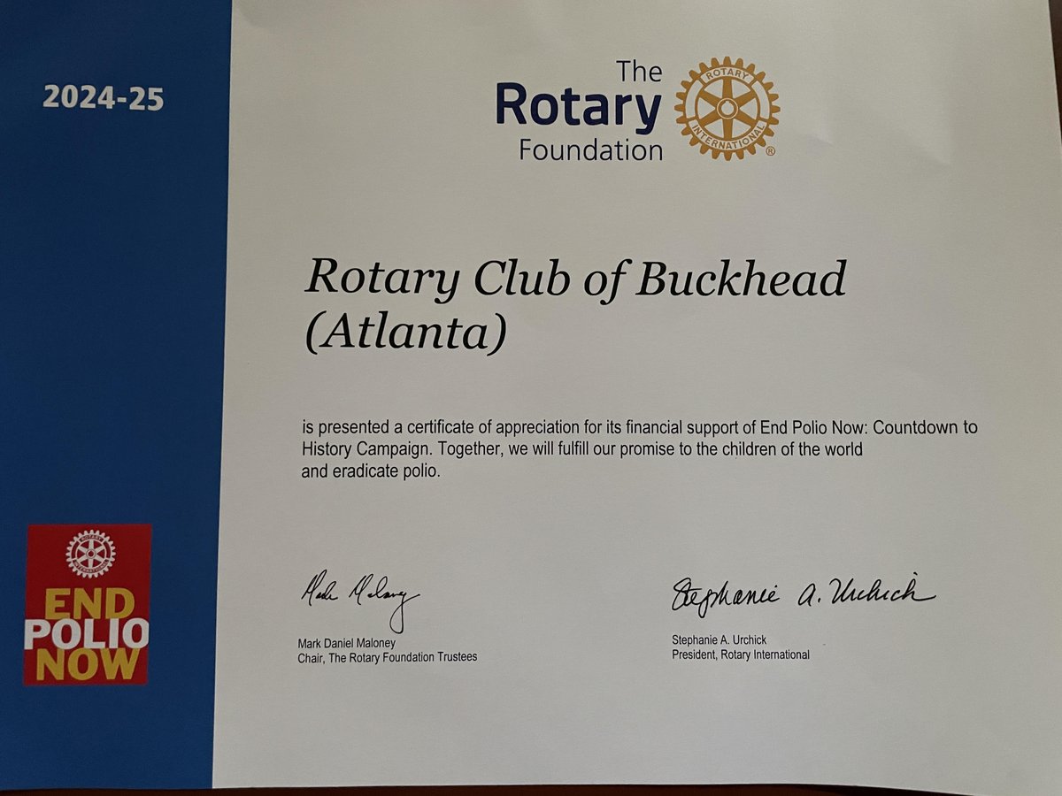 Today we join Rotary clubs worldwide in recognizing World Polio Day 🌍💉 Since 1988, cases have dropped by 99.9%, but the fight isn’t over. Thanks to DG Steve Ivory for honoring Buckhead Rotary’s role.

Join us Monday to hear Robert Hall, Past Rotary International Trustee.