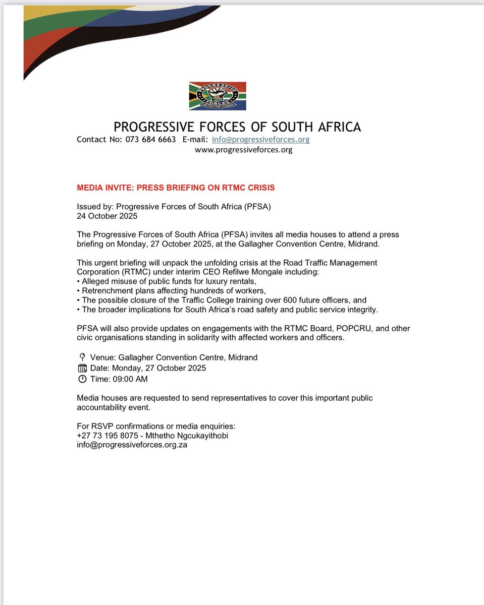 ForcesPFSA's tweet image. We’d like to invite all media houses to a press briefing on Monday, 27 October 2025, at 9:00 AM at the Gallagher Convention Centre, Midrand.
We will unpack our findings regarding the chaos unfolding at the Road Traffic Management Corporation @TrafficRTMC , including allegations…