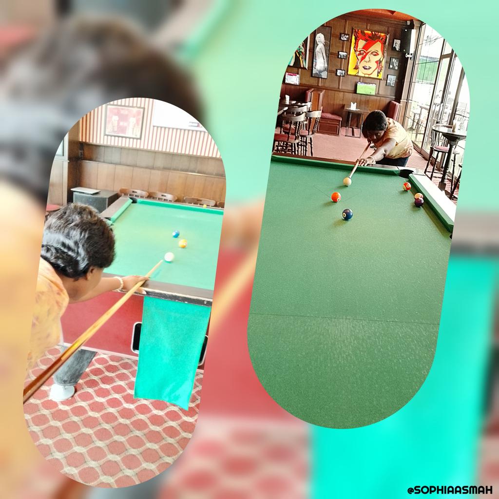 AsmahSo's tweet photo. Back on the pool table, teaching my daughter how to play. 🥰
...&amp; I still had my touch.❤️

(Pics by my baby, who is no longer a baby.)💝

I had to "focus" when playing .🙂  Hot Body - Ayra Starr
Graphics &amp; video by me.

#onelifetolive #daretodream #sophiaasmah #FridayVibes #TGIF https://t.co/mr0TyleJIn