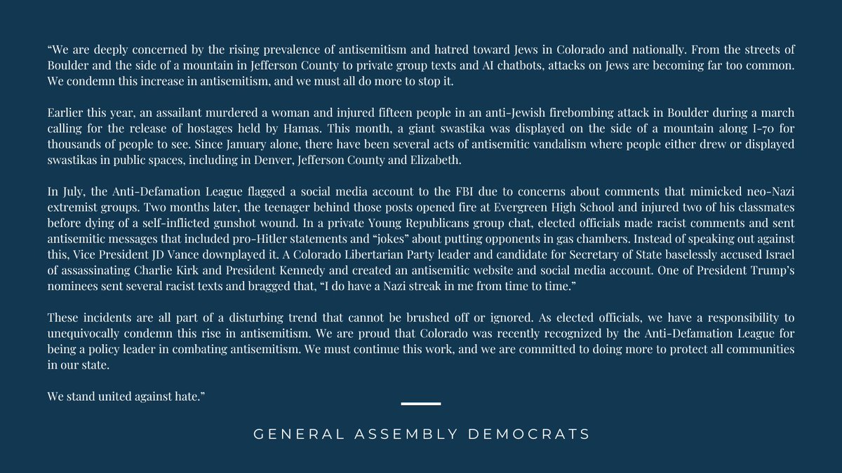 NEW: General Assembly Democrats condemn rising antisemitism in Colorado and across the country.

Read the full letter here ⤵️
cohousedems.com/news/general-a…

#coleg #copolitics