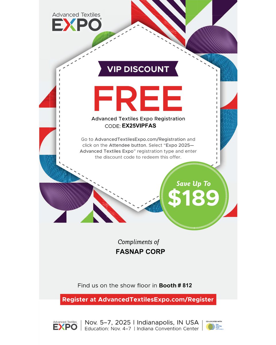 Register FREE for <a href="/ATA_Textiles/">Advanced Textiles Association</a> Expo before it’s too late. 
Use VIP Code EX25VIPFAS and save up to $189. Nov 4–7 • Indianapolis  AdvancedTextilesExpo.com/Register 
#Fasnap #Fasteners #Upholstery #Textiles