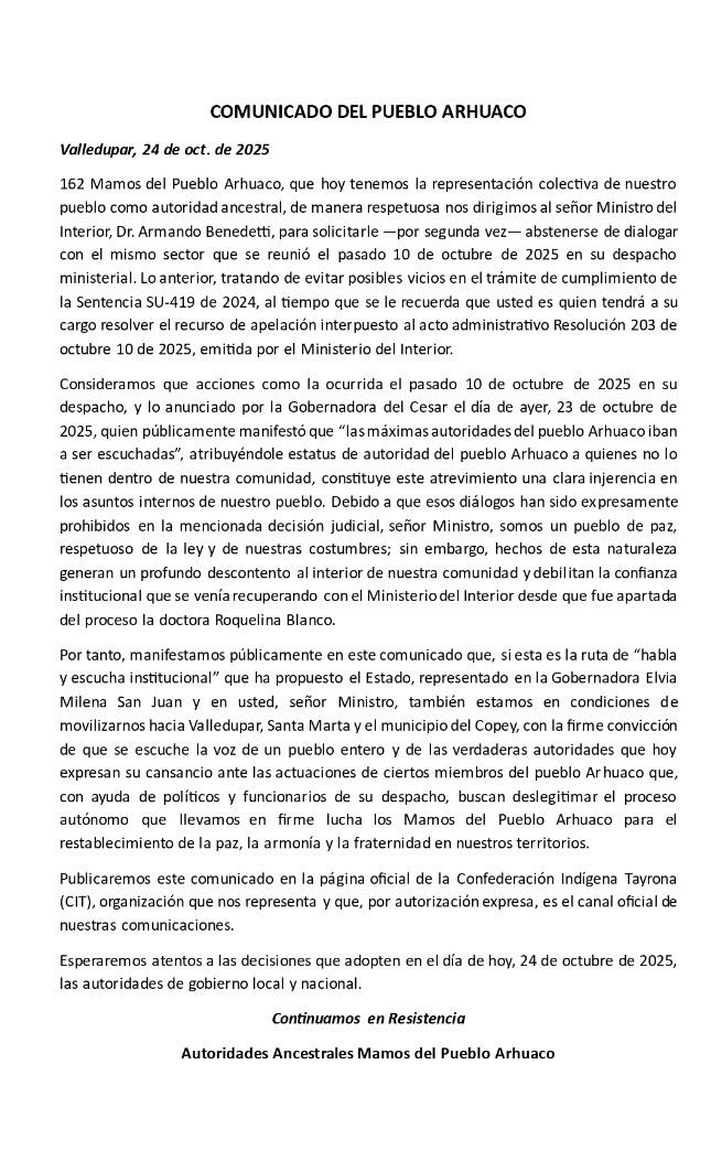 HernanGutiH's tweet photo. URGENTE 
Ante posible postura del @MinInterior con los clanes políticos del Cesar, 162 Mamus del pueblo Arhuaco estarían dispuestos a convocar sus bases para tomarse indefinidamente los centros urbanos de #SantaMarta , @Valledupar_Col #ElCopey  @AABenedetti @NegritoEsquive https://t.co/QN95A5WTie