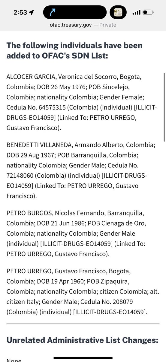 AbelardoPTE's tweet image. 🚨URGENTE!
EEUU acaba de meter en la lista OFAC a Petro, a su hijo no criado, a su ex esposa y a su jefe Armando Benedetti.
Esto es y a victoria para Colombia 🇨🇴 y para el Tigre Abelardo que fue quien hizo la solicitud. 
Seguimos firmes 🫡 🇨🇴 🐅