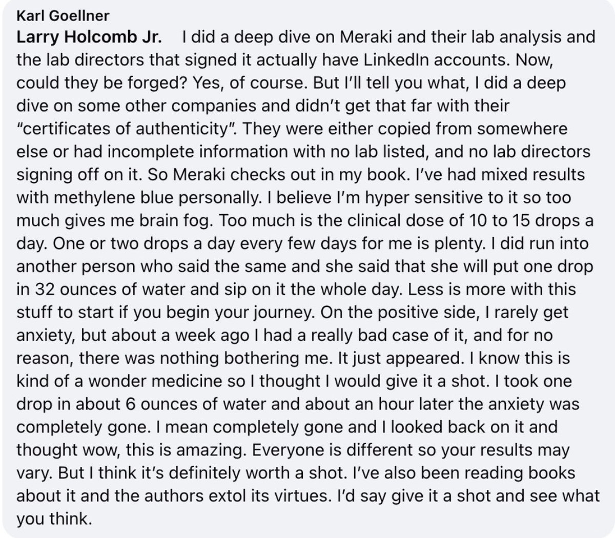 VanceE's tweet image. Every time someone randomly tests Meraki we pass with flying colors.

Cool anti anxiety Methylene Blue anecdote also.

Just do it better than the rest and you will win.