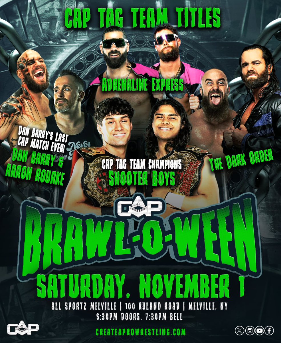 CreateAPro's tweet image. 🚨MATCH ANNOUNCEMENT🚨
CAP Tag Team Champions The Shooter Boys defend their titles in a fatal fourway on 11/1 in Melville, NY!
Don’t miss #CAPBrawlOWeen! 
🎟️GET YOUR TICKETS NOW🎟️
eventbrite.com/e/create-a-pro…